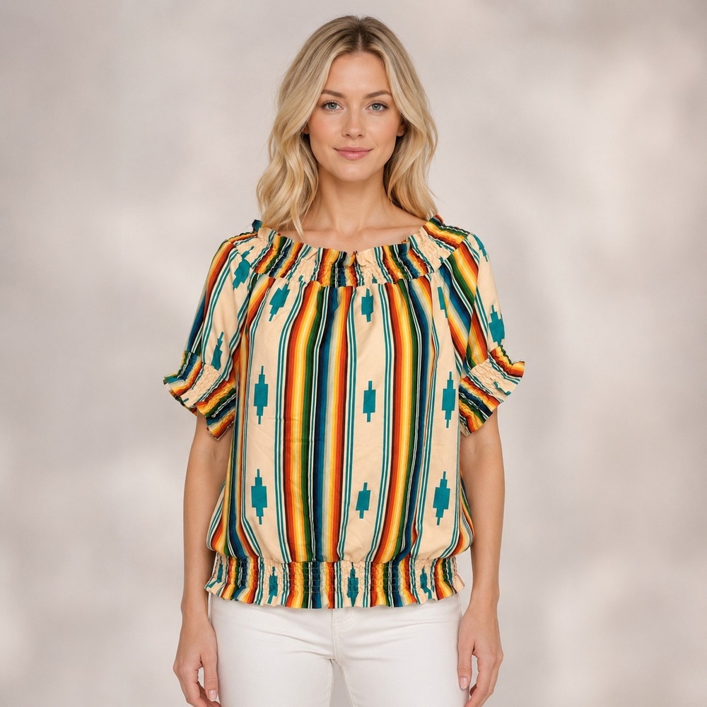 L&B Bold Sarape Peasant Blouse Smocked Statement Southwestern Look Colorful SZ S